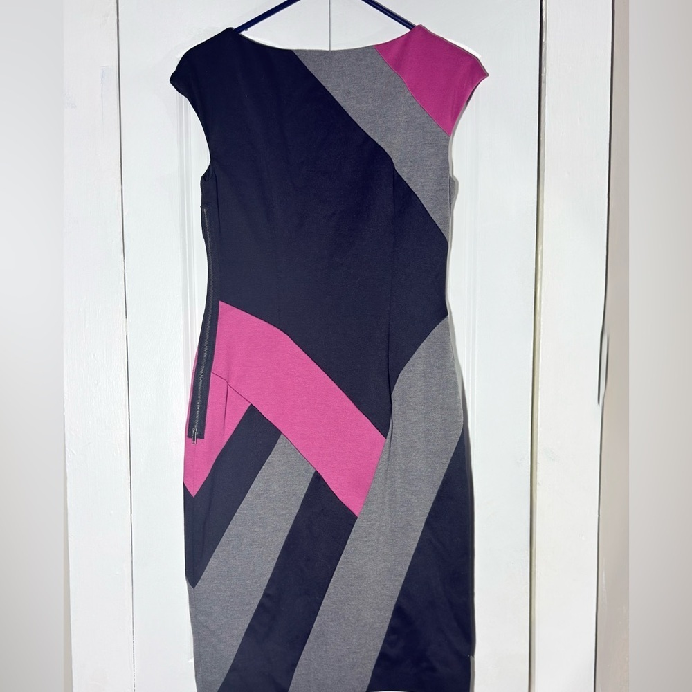 Maggy L Color Block Sheath Dress Size 6 Pink Grey Black Geometric Work Party - Picture 5 of 8